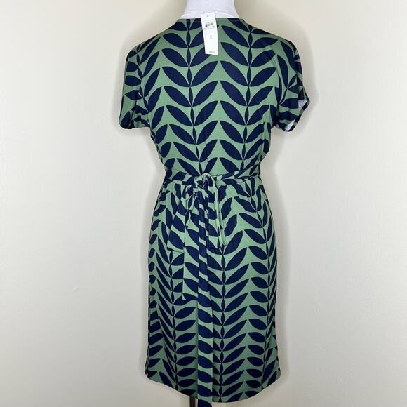 Ann Taylor Wrap Dress 2 Jersey Knit Green Navy Work Vneck Office Knee Length New - Picture 3 of 10
